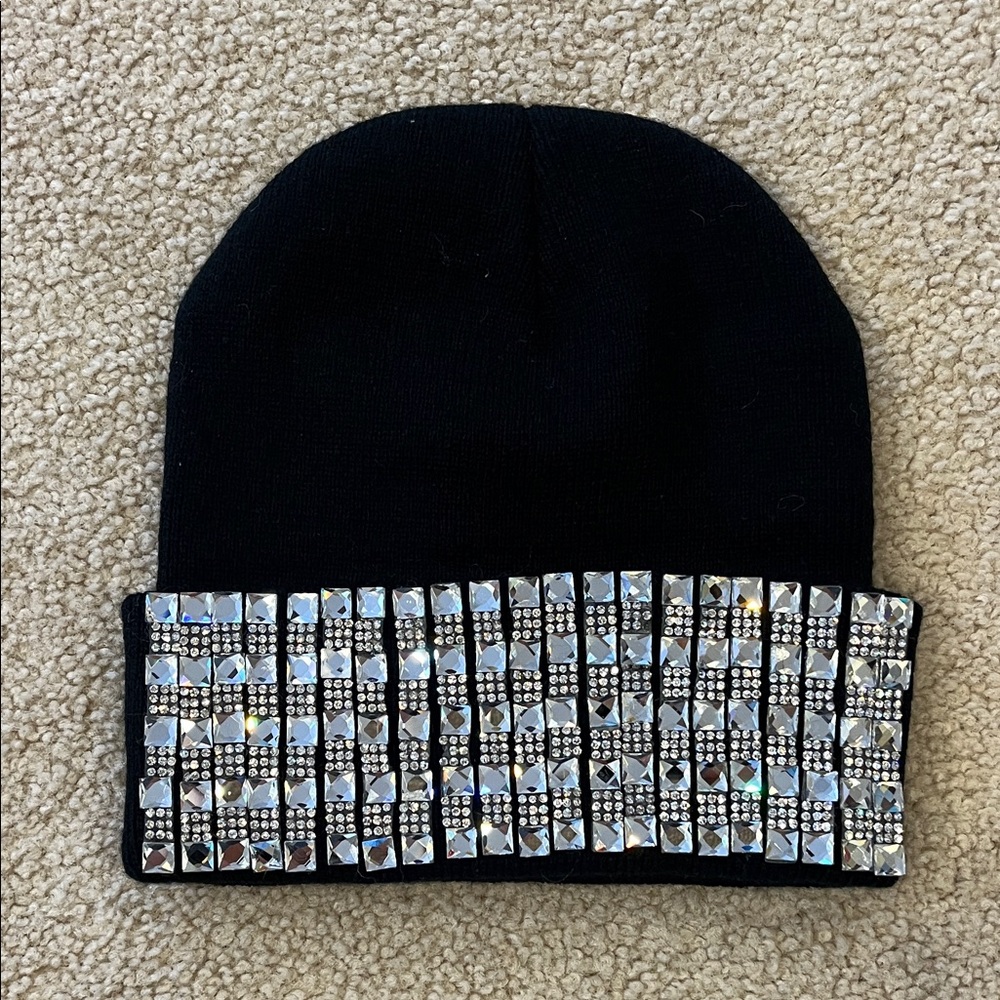 Black Beanie with Silver Rhinestones